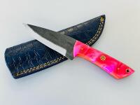 Custom Fixed Blade Knife With Pink Swirl Handle And Embossed Leather Sheath