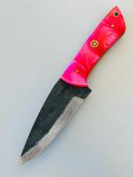 Custom Fixed Blade Knife With Pink Swirl Handle And Embossed Leather Sheath - 2