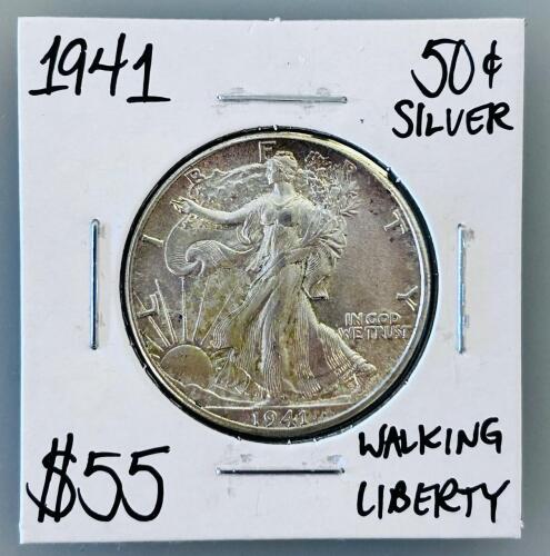 1941 Walking Liberty Half Dollar 90% Silver, U.S. Coin, Circulated, Cardboard Flip Holder