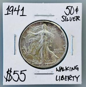 1941 Walking Liberty Half Dollar 90% Silver, U.S. Coin, Circulated, Cardboard Flip Holder