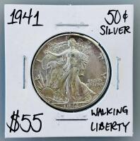 1941 Walking Liberty Half Dollar 90% Silver, U.S. Coin, Circulated, Cardboard Flip Holder