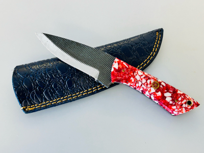 Custom Fixed Blade Knife &ndash; Red/White Resin Handle, Drop Point, Blue Leather Sheath, Mosaic Pins