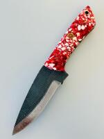 Custom Fixed Blade Knife &ndash; Red/White Resin Handle, Drop Point, Blue Leather Sheath, Mosaic Pins - 2