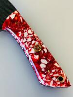 Custom Fixed Blade Knife &ndash; Red/White Resin Handle, Drop Point, Blue Leather Sheath, Mosaic Pins - 3