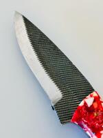 Custom Fixed Blade Knife &ndash; Red/White Resin Handle, Drop Point, Blue Leather Sheath, Mosaic Pins - 4