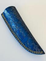 Custom Fixed Blade Knife &ndash; Red/White Resin Handle, Drop Point, Blue Leather Sheath, Mosaic Pins - 5