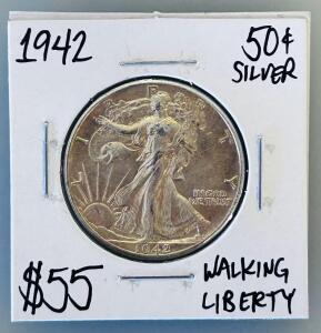 1942 Walking Liberty Half Dollar, XF/AU Condition, 90% Silver, Philadelphia Mint