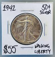 1942 Walking Liberty Half Dollar, XF/AU Condition, 90% Silver, Philadelphia Mint