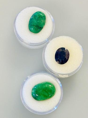Brazilian Emerald Cabochons (12.85Ct, 9.65Ct) & Faceted Mozambique Sapphire 5.4Ct &ndash; Loose Stones
