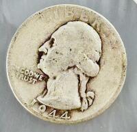 1944 Washington Quarter 90% Silver &ndash; Circulated, Heavy Wear, No Mint Mark - 2