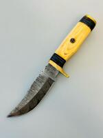 Custom Damascus Hunting Knife, 5" Clip Point Blade, Mosaic Pin, Wood Handle, Leather Sheath - 2