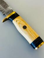 Custom Damascus Hunting Knife, 5" Clip Point Blade, Mosaic Pin, Wood Handle, Leather Sheath - 3
