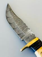 Custom Damascus Hunting Knife, 5" Clip Point Blade, Mosaic Pin, Wood Handle, Leather Sheath - 4