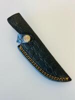Custom Damascus Hunting Knife, 5" Clip Point Blade, Mosaic Pin, Wood Handle, Leather Sheath - 5