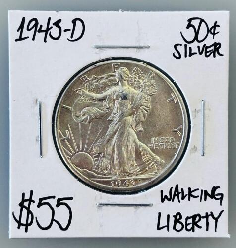 1943-D Walking Liberty Half Dollar, 90% Silver, Denver Mint, XF/AU, US 50&cent; Coin