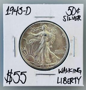 1943-D Walking Liberty Half Dollar, 90% Silver, Denver Mint, XF/AU, US 50&cent; Coin