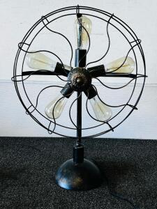 Industrial Fan-Inspired Table Lamp with Edison Bulbs, 24" Tall, Matte Black Finish