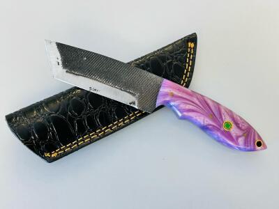 Custom Handmade Fixed Blade Knife, Tanto Blade, Purple Resin Handle, Leather Sheath, Mosaic Pins