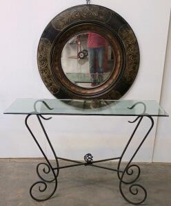 Ornate Round Mirror with Bronze Frame & Wrought Iron Glass Console Table Set Scroll Design