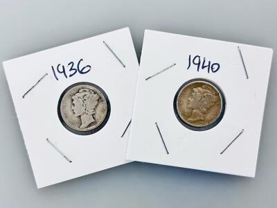 1936 And 1940 U.S. Mercury Dimes, 90% Silver, Heavily Circulated