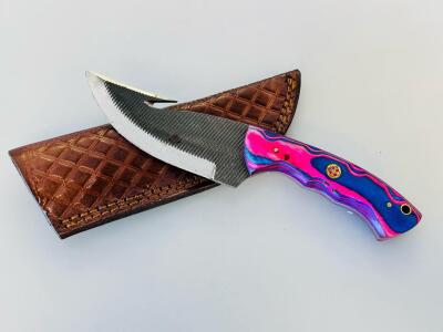 Custom Fixed-Blade Gut Hook Hunting Knife With Colorful Handle And Leather Sheath
