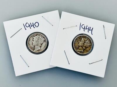 1940 & 1944 Mercury Dimes (Winged Liberty), 90% Silver, Good-Fine Condition, Lot Of 2