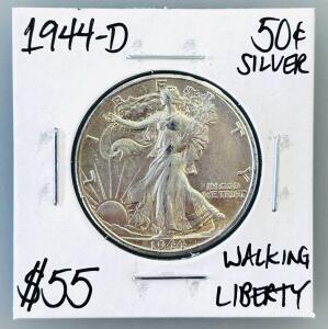1944-D Walking Liberty Half Dollar, 90% Silver, Denver Mint, 50&cent; Coin, Circulated