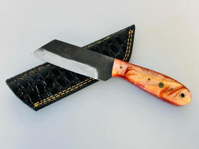 Custom Fixed-Blade Tanto Knife With Swirled Orange Handle And Leather Sheath