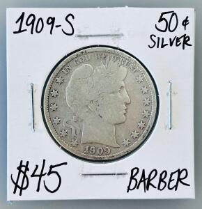 1909-S Barber Half Dollar, 90% Silver, San Francisco Mint, Circulated, 30.6MM