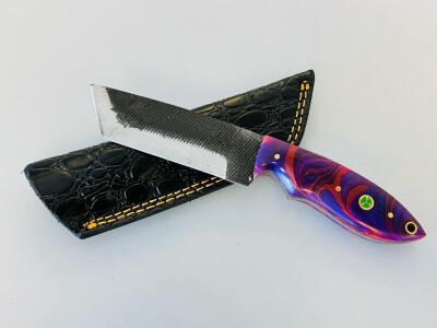 Custom Cleaver-Style Knife, Resin Swirl Handle, Mosaic Pin, Leather Sheath, Full Tang