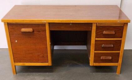 Mid-Century Executive Office Desk, 60" Wood Veneer, Left File Drawer, Pull-Out Shelf