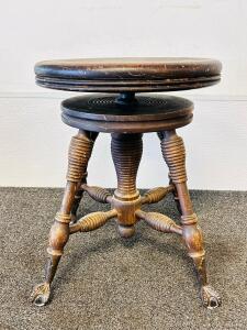 Antique Four-Leg Piano Stool, Swivel Adjustable Seat, Ball & Claw Glass Feet, Serial W 553717