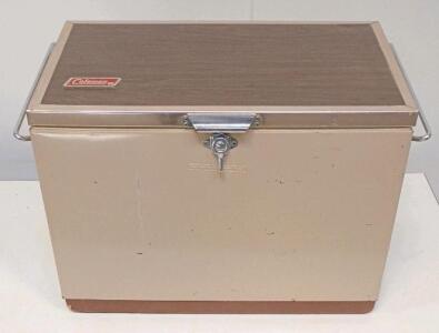 Vintage Coleman Hard-Sided Cooler With Removable Insert Tub, Beige With Woodgrain Top