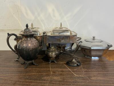 Vintage Silver Plated Tea Set & Dual Chafing Dish Set, Includes Teapot, Sugar Bowl, Lidded Server