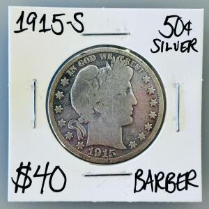 1915-S Barber Half Dollar, 90% Silver, San Francisco Mint, Collectible US Coin