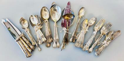 Old Company Plate IS Flirtation Pattern Silverplate Flatware Set, 70+ Pieces, Monogram J