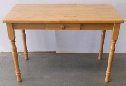 Solid Pine Wooden Table with Single Drawer, Turned Legs, Light Natural Finish