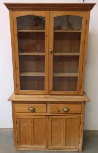 Vintage Pine Hutch/China Cabinet with Glass Doors and Drawers