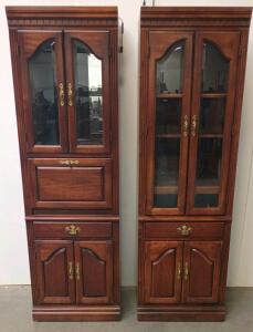 Matching Wood Display Cabinets with Glass Doors, Built-in Lighting, and Drop-Down Writing Surface