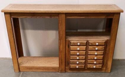 Oak Organizer Cabinet with 12 Small Drawers, Dual Open Shelves, Approx 60" Wide