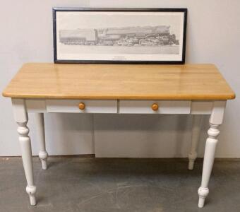 Farmhouse Style Solid Wood Table with Drawers, Two-Tone Finish, & Framed Union Pacific Locomotive