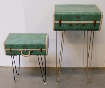 (2) Upcycled Vintage Suitcase Table With Metal Hairpin Legs, Green Exterior, Cream Interior