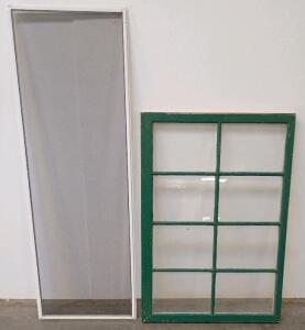 Tall White Aluminum Window Screen & Vintage 8-Pane Wooden Window Sash Green/White