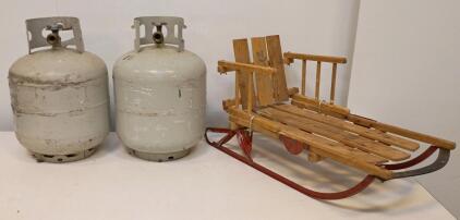Sears Vintage Wooden Child&rsquo;s Sled, Red Metal Runners, Bear Graphic, Side Rails, (2) Standard Size Propane Tanks