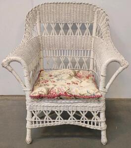 Vintage White Wicker Armchair With Floral Cushion, Early 20th Century, 30" W x 38" D x 41" H