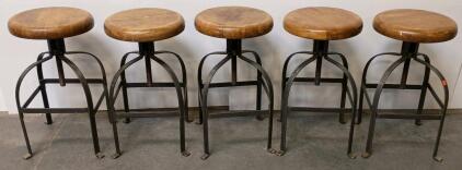 Set Of 5 Industrial Adjustable-Height Steel And Wood Stools, Swivel Seats, Approx. 14" Dia