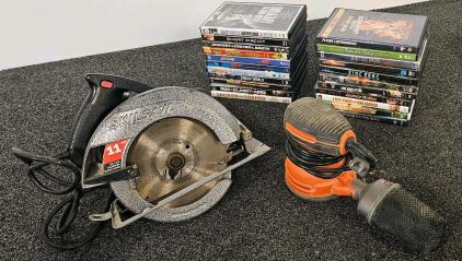 Lot of 22 DVD Movies, Skilsaw Legend 11A Circular Saw (tested, works), Black & Decker 5" Orbital Sander (tested, works)