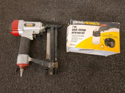 Central Pneumatic 18 Gauge 1/4" Crown Air Stapler Model 69719 with 7 pc. Quick-Change Airbrush Kit( unable to test