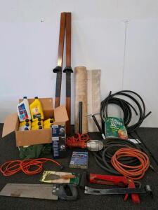 Assorted Hand Tools, Vintage Wood Ski's, Moter Oils, Shop Lamp (Tested And Works), Extension Cord (In Working Order), Jack, Weather Sealant, 20+ Items