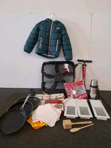 2 Frying Pans, Puffy Jacket, Box Fan (Tested And Works), Pump, Thermos, Utensils & More